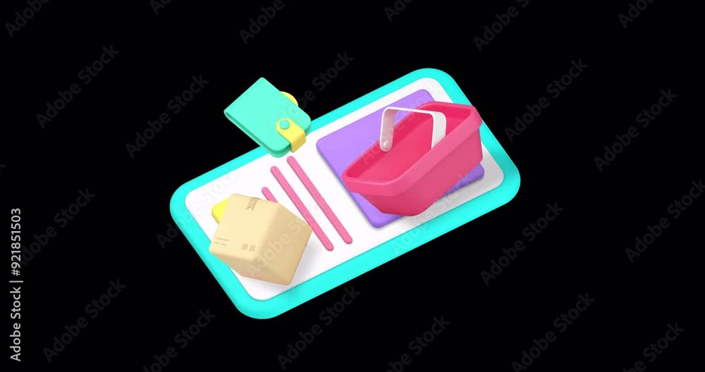 Poster online shopping smartphone application order payment delivery 3d icon animation loop with alpha chan