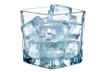 Crystal Clear Ice Cubes Gleaming in a Transparent Glass on a Sunny Afternoon on White or PNG Transparent Background.