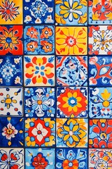 カラフルな花柄と幾何学模様のメキシカンセラミックタイルの縦画像