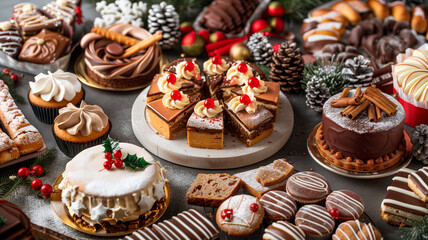 Variety of christmas cake and cookies, sweets with star anise and cinnamon, traditional holiday baking, homemade gingerbread