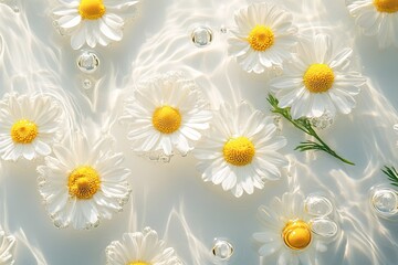 Fototapeta premium top view fresh chamomile flowers on water surface with circles and drop clear water 