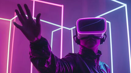 Person in VR Headset with Neon Lights Illustration