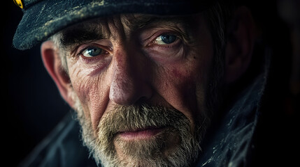 A series of close-up portraits of lighthouse keepers, with weathered faces and distant, thoughtful expressions, captured by the light of the beacon.


