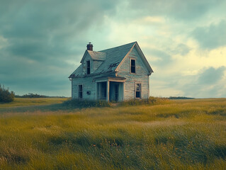 An old abandoned house standing alone in the middle of a grassy field under a cloudy sky