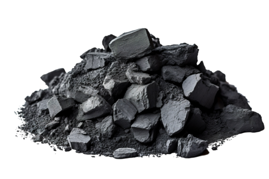 A Unique Artistic Representation of Dark Charcoal Pile on Clean White Background on White or PNG Transparent Background.