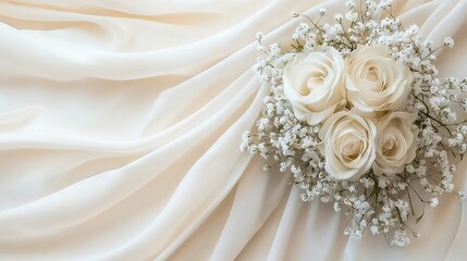 Fototapeta premium Bridal bouquet of white roses and baby's breath on a white satin bedsheet
