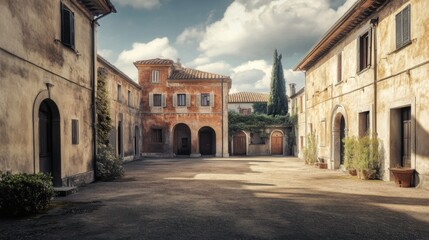Fototapeta premium An old, charming cobblestone courtyard surrounded by stone buildings with arched entrances, closed windows, and lush green plants.