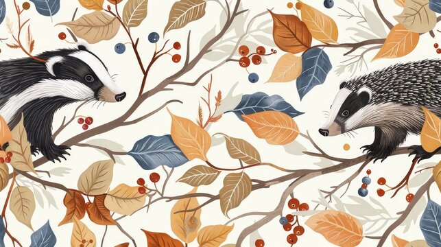 An artistic pattern with forest animals like badgers and hedgehogs hidden among leaves, branches, and woodland berries, designed with a focus on natural textures and details.