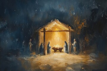 Oil painting of nativity scene with warm light