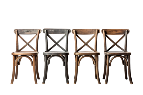 Rustic Wooden Chairs Arranged Neatly in a Bright Studio With Warm Lighting on White or PNG Transparent Background.