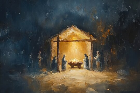 Oil painting of nativity scene with warm light