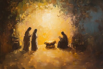 Oil painting of nativity scene with soft glow.