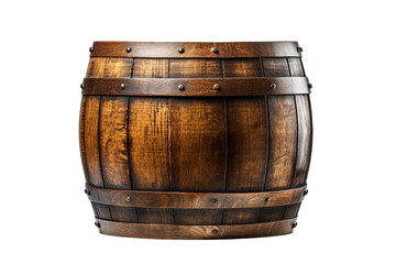 Obraz premium Rustic wooden barrel, aged oak cask with metal hoops, vintage cooperage container for whiskey and wine storage PNG isolated on Transparent Background