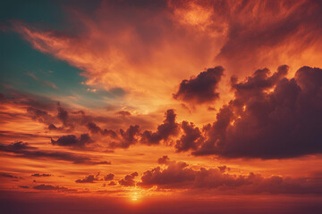 Fototapeta premium Spectacular sunset evening sky and cloud orange background. Vintage picture.