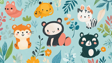 Fototapeta premium Vector background featuring cute cartoon pastel animals wallpaper