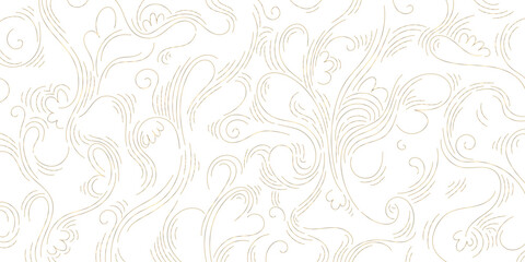 Vector gold on white swirl motif, line luxury royal pattern. Vintage elegant floral ornament, fancy filigree background. Victorian wallpaper, art deco nouveau texture. 