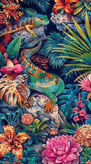 Two lizards explore a vibrant tropical landscape filled with diverse plants and blooming flowers