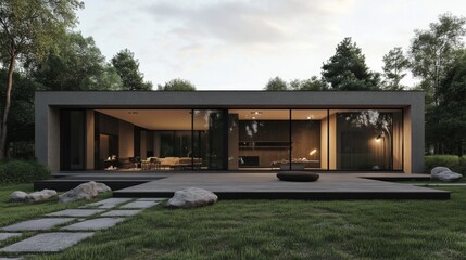 Fototapeta premium Modern house with large windows overlooking a grassy yard with a stone path.