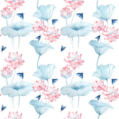 Lotus flower seamless watercolor pattern. Hand drawn flowers, leaves and butterflies. 