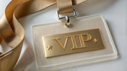 VIP Golden Badge with Lanyard on White Surface - Premium Access Pass and Exclusive Event Credential