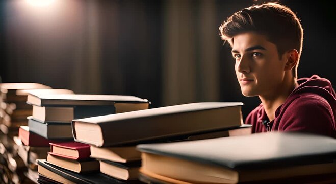 Students with books in the library.