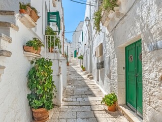 Naklejka premium Charming traditional alley with old buildings and green doors in ostuni, puglia, italy