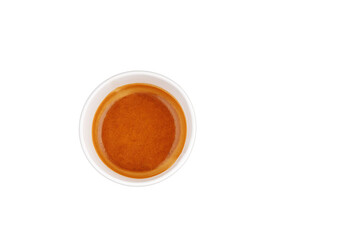 top view cardboard cup with coffee, espresso, americano on isolated white background close-up