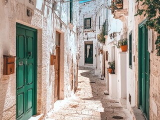 Fototapeta premium Charming narrow alley with old buildings and green doors in ostuni, puglia, italy