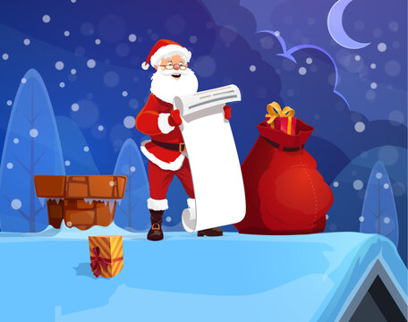 Santa with wishlist on house roof with gifts bag for Christmas winter holiday, cartoon vector. Santa character reading wishes on list at chimney on house roof in snow with New Year gift boxes in bag