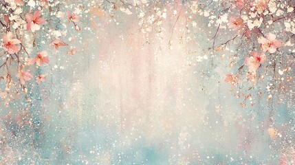   Pink & Blue Flowers on Light Blue Background with White & Pink Flowers on Right Side