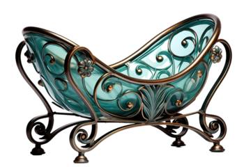 Elegant Handmade Glass Bowl With Intricate Metalwork Showcasing Artistry and Craftsmanship in a Studio Setting on White or PNG Transparent Background.