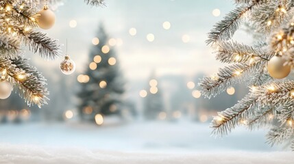 Snow-covered Christmas tree branches decorated with golden baubles and glowing lights, set against a winter wonderland background with bokeh lights and snow-covered trees..