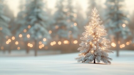 A Christmas tree illuminated with glowing lights stands in a snowy forest at twilight, surrounded by softly blurred trees and glowing bokeh lights, creating a serene winter atmosphere..