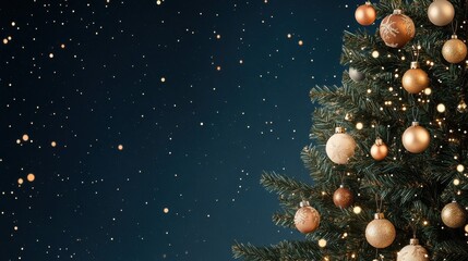 A Christmas tree adorned with golden ornaments and glowing lights stands tall against a dark starry night sky, creating a festive and serene holiday atmosphere..
