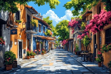 Fototapeta premium A picturesque European tourist location, featuring charming cobblestone streets, historic buildings, and bustling cafes. Abstract image. Generative A