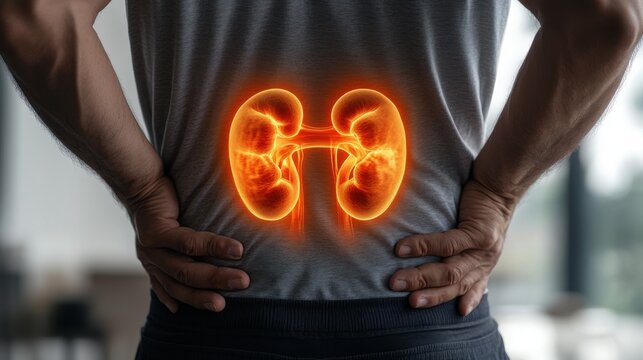 Human kidneys highlighted over a person's back, demonstrating pain or health concerns related to kidney function and medical issues.