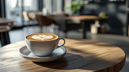 Close-up of a cup of cappuccino with latte art on a wooden table in a cafe.