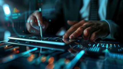 A Business Professional Uses A Sleek 3D Tablet To Track Virtual Growth Arrows On A Financial Graph, Feeling Optimistic