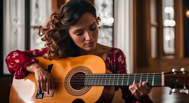 Woman playing guitar in a flamenco tablao.