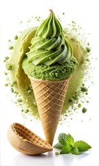 Pistachio Flavour Ice Cream Cone with Swirls and Whipped Delights with Toppings: A Cold and Creamy Frozen Dessert in a Crispy Wafer
