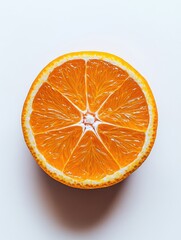Close-up of a juicy orange slice with visible segments and a white background.