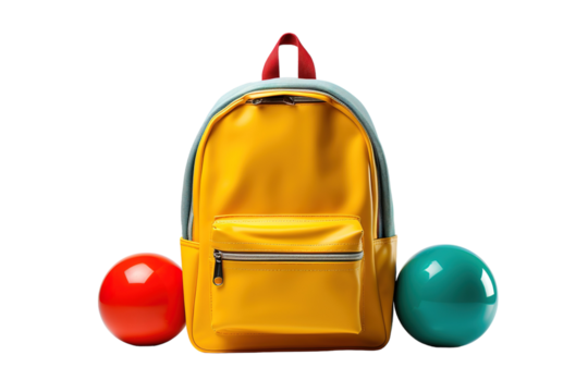 Brightly Colored Backpack Surrounded by Vibrant Playful Balls in a Minimalist Studio Setting on White or PNG Transparent Background.