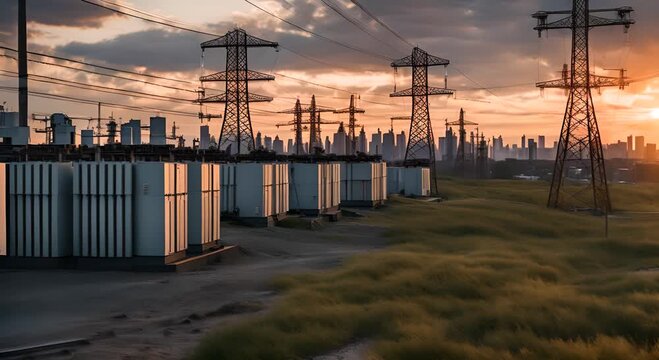 Electrical substation next to a city.