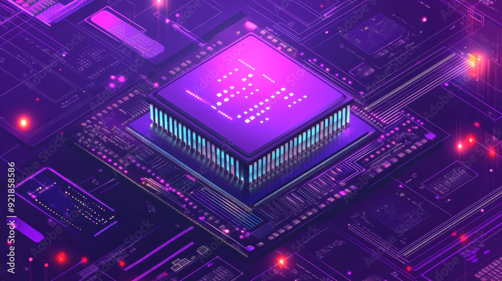 Poster futuristic microchip processor illuminated against a blue background. represents quantum computing, 