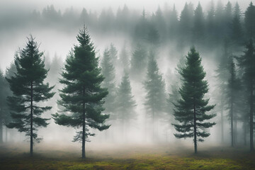 Background of green pine trees in misty forest morning fog mist. Mysterious evergreen forest in a fog. green pine trees foggy morning. Dark atmospheric autumn landscape. Panoramic scenery.
