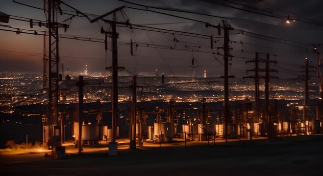 Electrical substation next to a city.