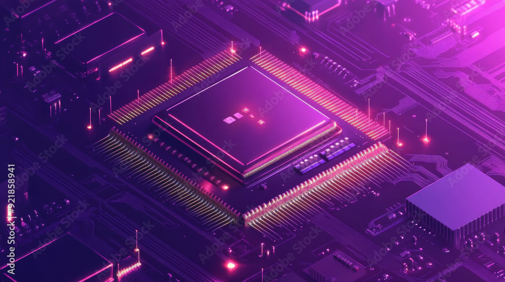 Poster futuristic microchip processor illuminated against a blue background. represents quantum computing, 