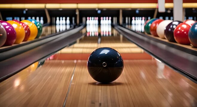 Bowling ball in a bowling alley.