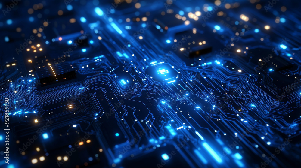 Poster quantum computer technologies concept. futuristic blue circuit board background with modern technolo
