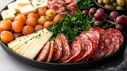   A platter of meats, cheeses, grapes, and olives featuring an array of meats and cheeses